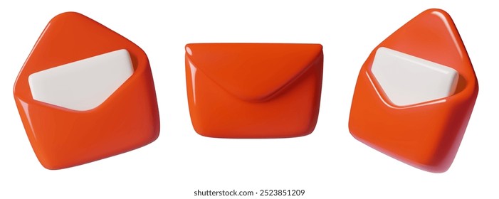 Sobres rojos con los iconos mínimos del correo 3d fijados. Letras abiertas y cerradas con hojas de papel en blanco aisladas de fondo con nieve.