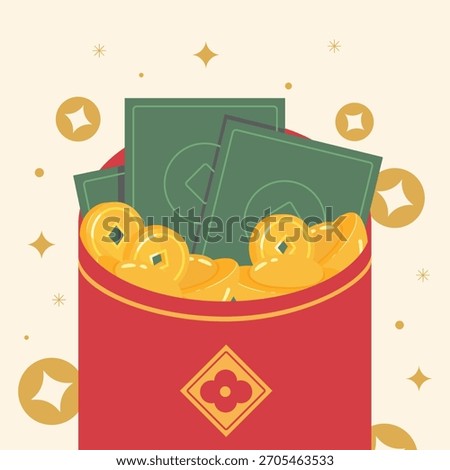 Red envelopes with money, coins and gold of wealthy and lucky. Decorations for the Chinese New Year. 