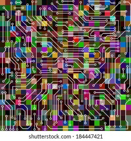 Red error on computer circuit board above pixel grid as abstract technology background