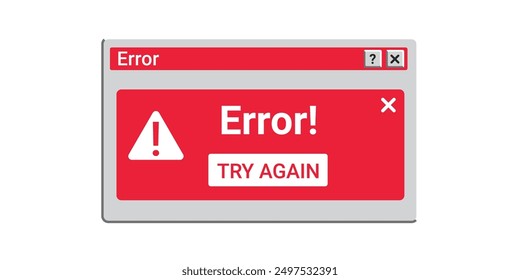 Red error window on screen. Old vector window. Pop up message about error. Try again notification.