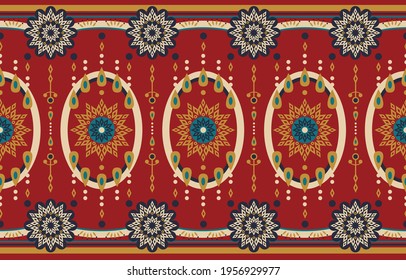 Red Ethnic abstract flower art. Seamless pattern in tribal, folk embroidery, and Mexican style. Aztec geometric art ornament print.Design for carpet, wallpaper, clothing, wrapping, fabric, cover.