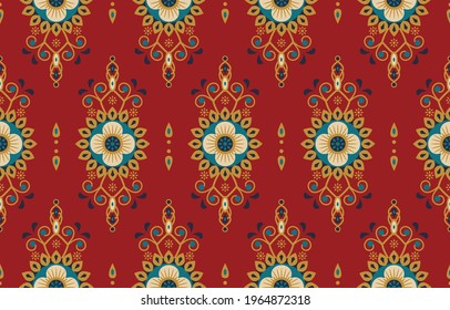 Red Ethnic abstract flower fashion art. Seamless pattern in tribal, folk embroidery, Mexican style. Aztec geometric art ornament print. Design for carpet, wallpaper, clothing, wrapping, fabric, cover.