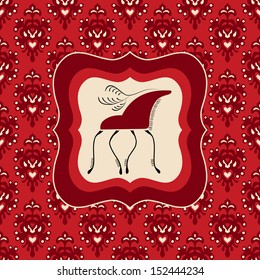 Red ethnic deer on a pattern backgroud. Christmas frame