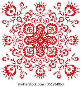 Red ethnic floral elements on white background in vector. Folk oriental pattern with red flowers and buds. Folk ornament. Ethnic wallpapers. Elegant tracery design in vector