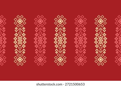 Padrão étnico vermelho cor tribal motivos de fundo tecido de arte bordado ikat vetor tradicional colorido.