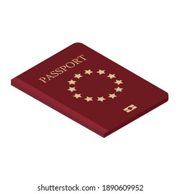 Red eu passport cover isolated on white background isometric view. Passport icon. Traveling passport.