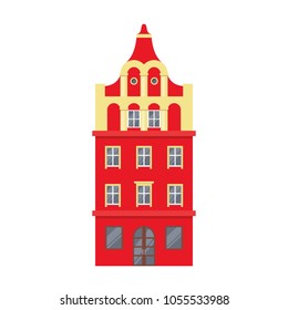 Red European style classic building facade in flat style isolated on white background. Baroque style hotel building. Amsterdam style house. Vector illustration.