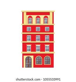 Red European style classic building facade in flat style isolated on white background. Baroque style hotel building. Amsterdam style house. Vector illustration.