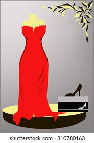 Red evening dress and black high-heeled shoes