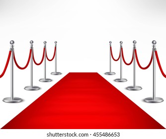 Red event carpet and silvery barriers on white background realistic vector illustration