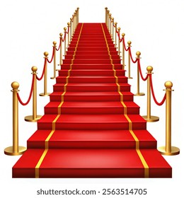 Red Event Carpet, Stair and Gold Rope Barrier Concept of Success and Triumph. Vector illustration and white background. 