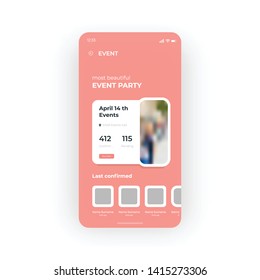 Red event planner UI, UX, GUI screen for mobile apps design. Modern responsive user interface design of mobile applications including Online Events and Party screen. Big event page element