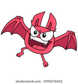 The red evil bat flying will attack the enemy, vector illustration art. doodle icon image kawaii.