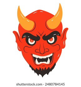 Red evil demon face with yellow horns on an isolated white background. Vector stock illustration.