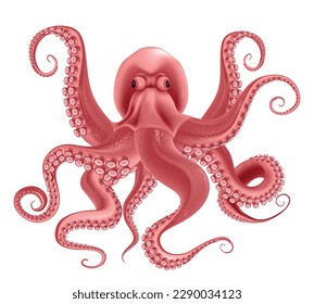 Red evil octopus with eight writhing tentacles realistic object isolated at white background vector illustration