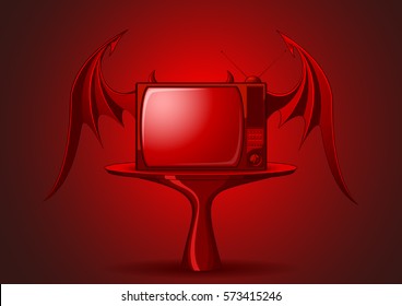 Red evil retro TV with wings on dark background
