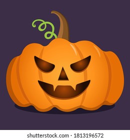 red evil smiling halloween pumpkin on a purple background