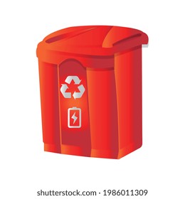 Contenedor de reciclaje de desechos electrónicos rojos. Contenedor de basura sobre fondo blanco con icono de reciclaje e icono de basura electrónica.