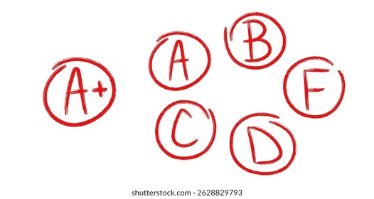 Red exam grade symbols in hand drawn style. A to F letters circled with sketchy marker lines. Doodle vector set for teacher tests, school reports, and student assessments.