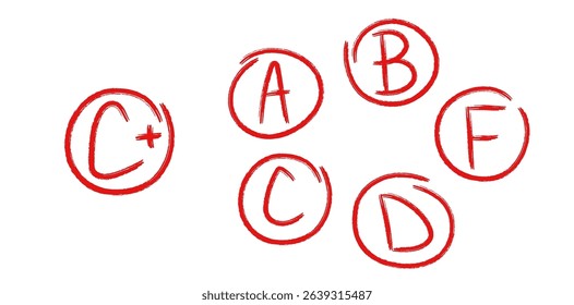 Red exam grade symbols in hand drawn style. A to F letters circled with sketchy marker lines. Doodle vector set for teacher tests, school reports, and student assessments.