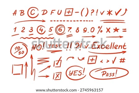 Red exam marks. Vector hand drawn scribble set. Crayon plus signs, circles and check ticks. Math grade symbol including number and crosses for test results and school activities.