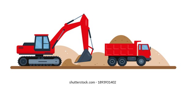 La excavadora roja excava tierra y camión de basura.