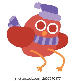 Red excited bird jumping around and arms spread out. Cold snowy weather and wearing warm winter clothing. Cartoon chick with purple wool scarf and hat on isolated white background. Vector, EPS 10.