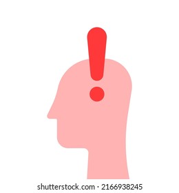 red exclamation mark with abstract human head. concept of sick fatigue man or person in strong crisis or headache sign. flat simple trend modern complain or nervous logotype graphic design element