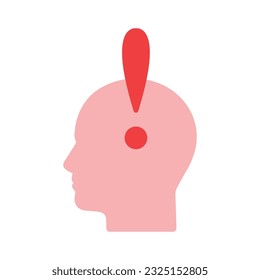 signo de exclamación rojo con cabeza humana abstracta. noción de fatiga por enfermedad, hombre o persona en fuerte crisis o signo de dolor de cabeza. tendencia simple plana moderada quejarse o elemento de diseño gráfico de logotipo nervioso