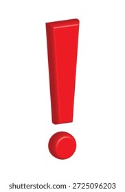 Icono de signo de exclamación rojo en estilo 3D: símbolo de advertencia, alerta y atención, signo de notificación de error, marca de puntuación roja brillante, Ilustración vectorial mínima aislada sobre fondo blanco