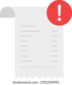Marca de exclamación roja en el papel del Comprobante con la lista de artículos bill