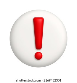 Red exclamation mark symbol on a white button. Attention or caution sign icon. 3d realistic design element. Vector illustration.