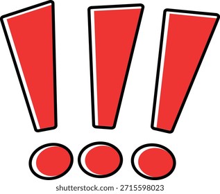 signo de exclamación rojo. Tres signos de exclamación rojos de dibujos animados con un efecto de sombra, que captan la atención, el efecto dramático y la urgencia.