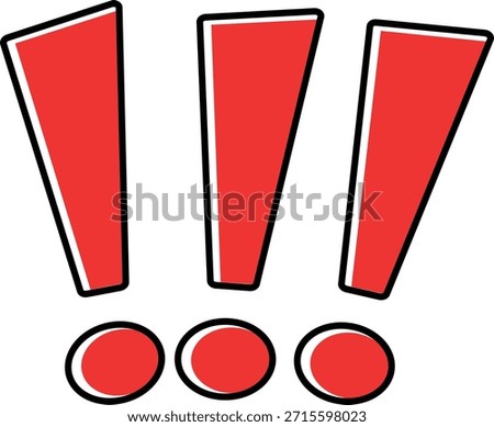 red exclamation mark. Three cartoon red exclamation marks with a shadow effect, capturing attention, dramatic effect and urgency.