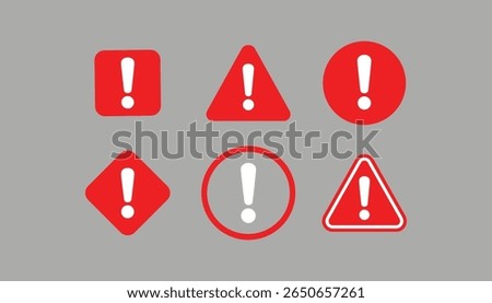 Red Exclamation Mark Warning Symbols in Different Shapes Including Triangle, Circle, Square, and Diamond on Gray Background for Alert, Danger, and Caution.