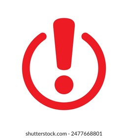 Red exclamation point round icon. Concept of big error or failure shape and ui element. Flat simple style simple attentive logotype graphic web minimal design isolated on white background.