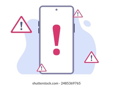 Un icono de advertencia de signo de exclamación rojo se muestra en la pantalla de un smartphone, rodeado de iconos de advertencia de triángulo rojo. El teléfono está colocado sobre un fondo blanco con una mancha azul claro detrás.