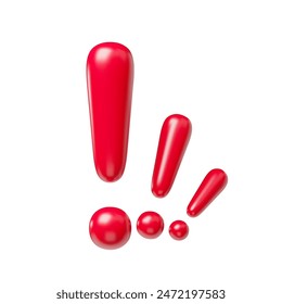 Red exclamation signs realistic 3d realistic symbols set. Glossy exclamation marks, warning, attention, secure signals, caution or error mark three-dimensional rendering vector illustration