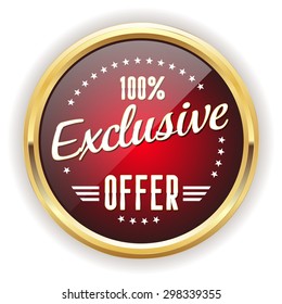 Red exclusive offer button with gold border on white background
