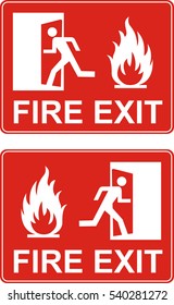 Signo de salida rojo. Puerta de salida de emergencia y puerta de salida. Etiqueta con figura humana y llama. Ilustración del vector