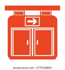 A red exit sign with a white arrow pointing right above double doors, indicating direction to leave a building.