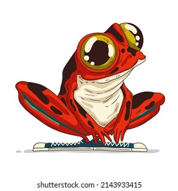 Red Exotic Frog, isolated vector illustration. Cute tropic froglet. Calm sitting poisonous frog wearing sneakers. A toxic froglet sitting on haunches and admiring something. Dangerous little frog