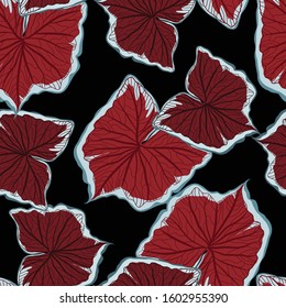 Red Exotic Leaves Vector Seamless Pattern. Tropical Jungle Illustration California Design. Swamp Leaves Modern Pattern. 