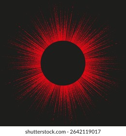 Red explosion icon. Circular burst shape. Vector black center. Radiating light figure.