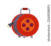 Red extension cord spool vector illustration. Cartoon drawing of tool or equipment of electrician isolated on white background. Electricity, technology, construction concept