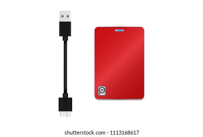 Red External Harddisk drive with USB3 cable Isolate on white background.