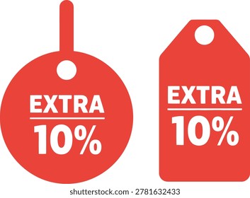 Red extra 10 percent discount sale tags isolated on white background for retail promotion