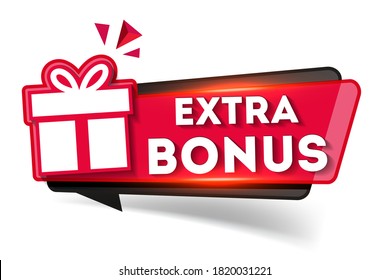 Red Extra Bonus label. Bright vector element of modern web banner with gift.
