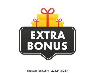 Red Extra Bonus label. Bright vector element of modern web banner with gift. Modern web banner with a gift. Extra bonus label banner. Vector illustration