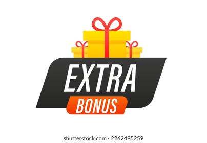 Red Extra Bonus label. Bright vector element of modern web banner with gift. Modern web banner with a gift. Extra bonus label banner. Vector illustration